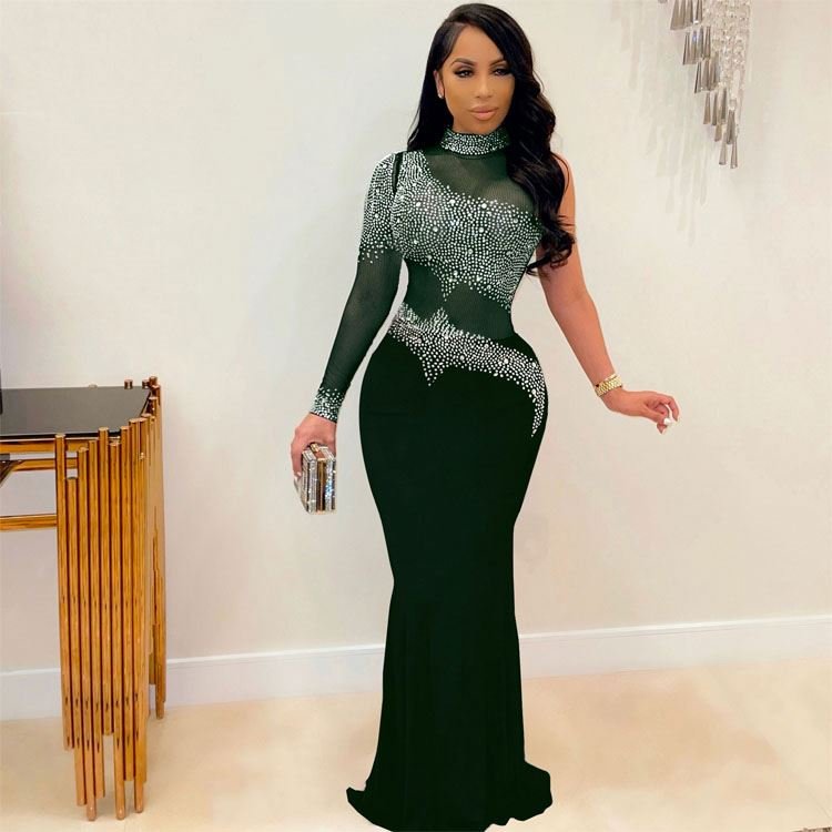 Plus Size Women's Dresses Rhinestone Sexy Mesh Long Dress Luxury Party Wear Cheap Elegant Bodycon Evening Dresses