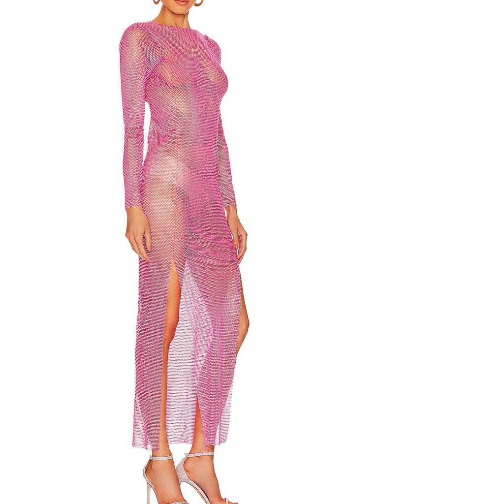 Sexy Ladies Diamond Mesh See Through Dresses Glittery Party Luxury Rhinestone Embellished Sheer Maxi Dress In Pink Factory OEM