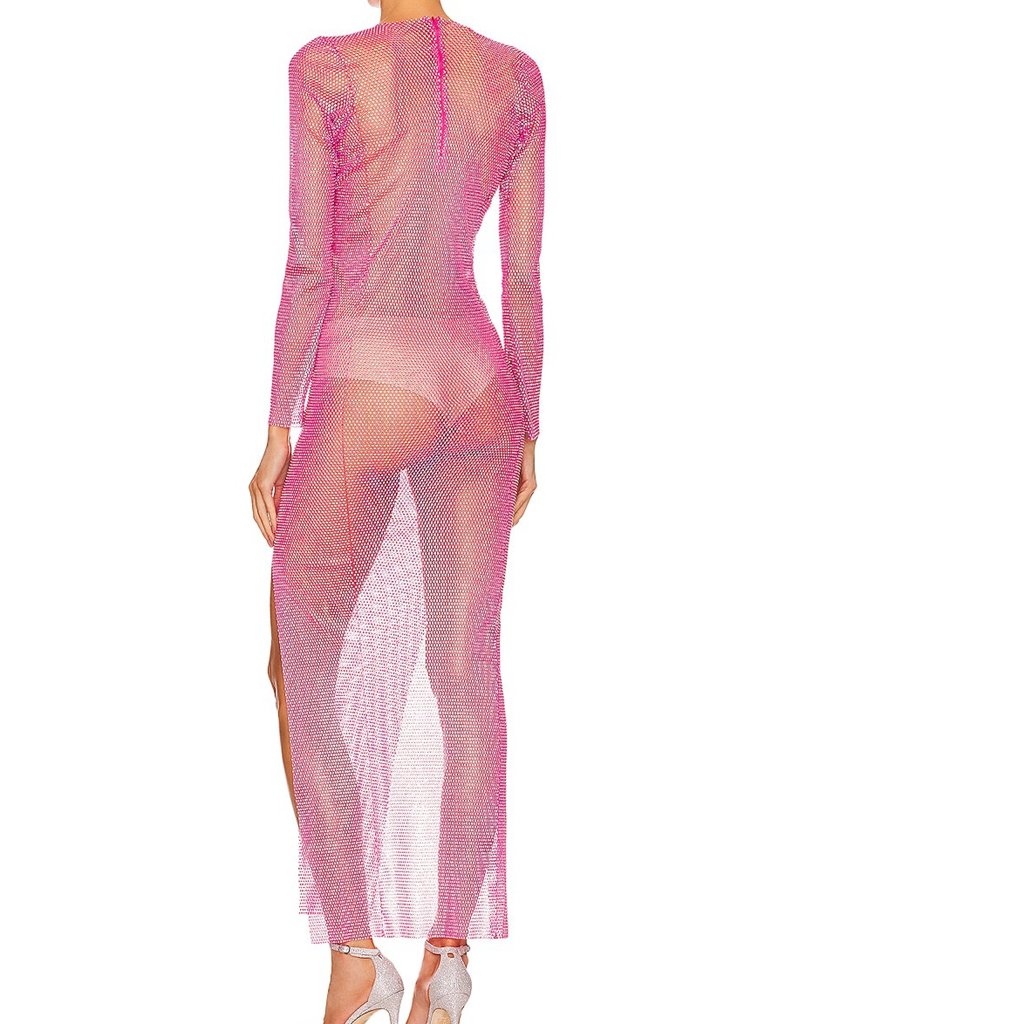 Sexy Ladies Diamond Mesh See Through Dresses Glittery Party Luxury Rhinestone Embellished Sheer Maxi Dress In Pink Factory OEM