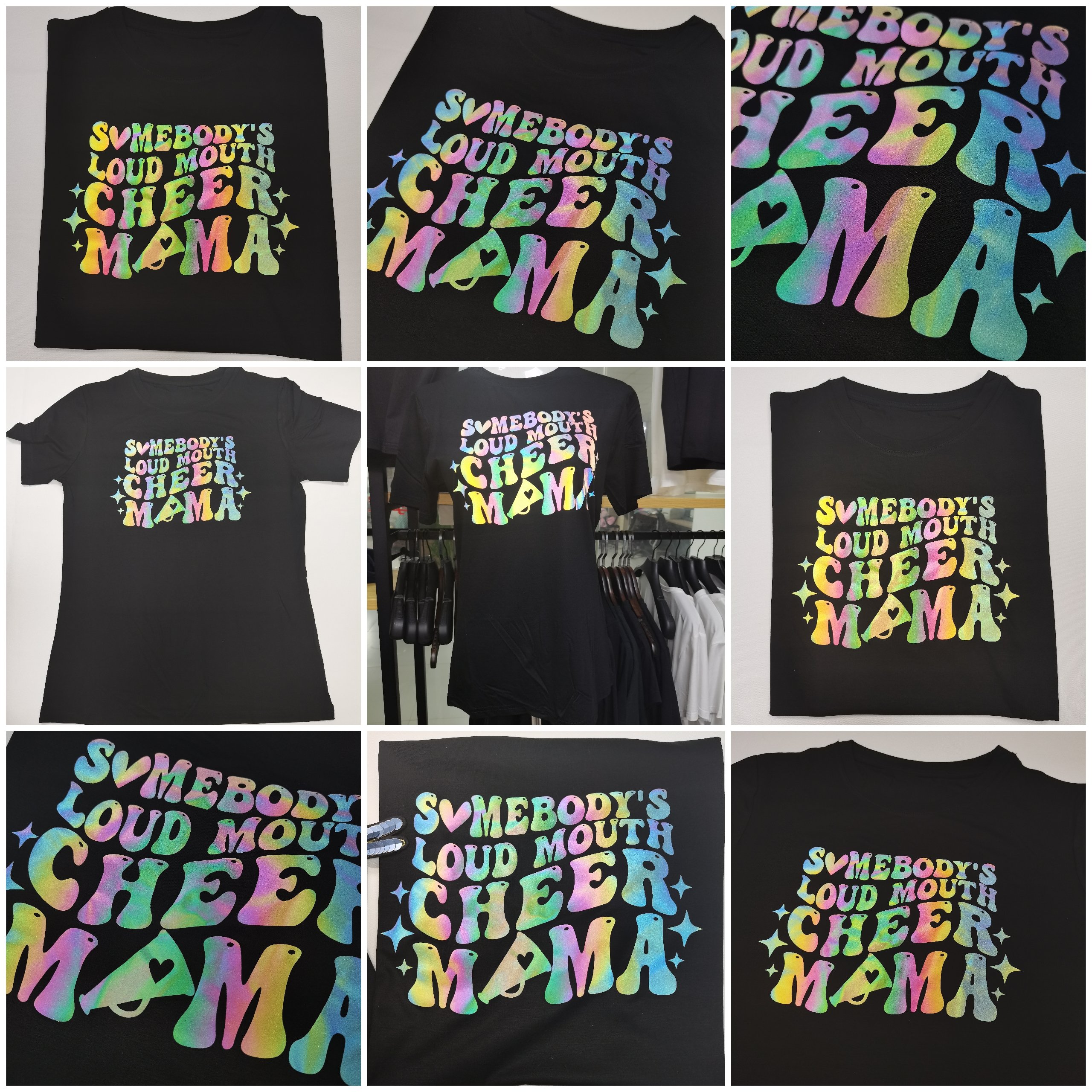 Gold Metallic Cheer Vinyl Transfer Iron on Mama Scatter Rhinestones for Custom T-shirt