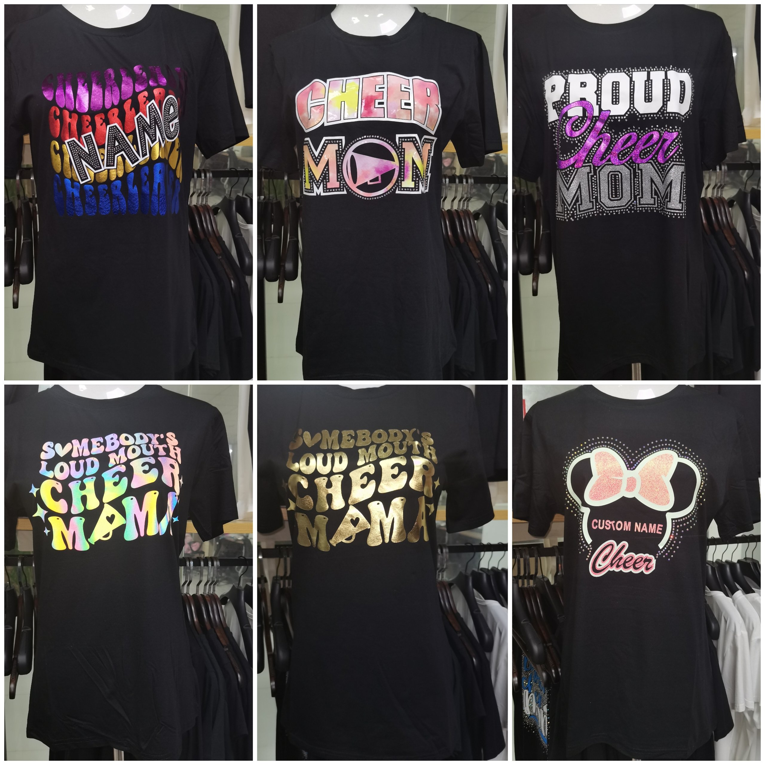 Gold Metallic Cheer Vinyl Transfer Iron on Mama Scatter Rhinestones for Custom T-shirt