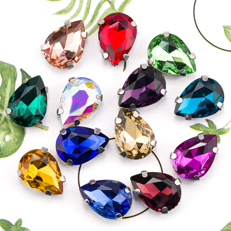 Drop Shape Around Lase Stone Colors Lace Edge 4 Claw Matel Base Sewing Rhinestone for Garment Decoration Design