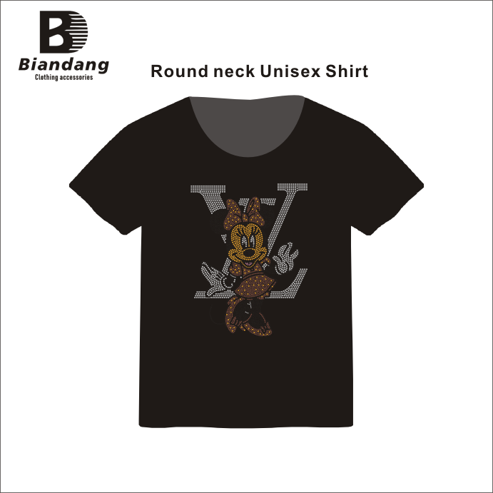 Custom Designer Cartoon Flatback Hot fix Rhinestone Black Color Female T-shirt Top Quality Cotton Soft T shirt