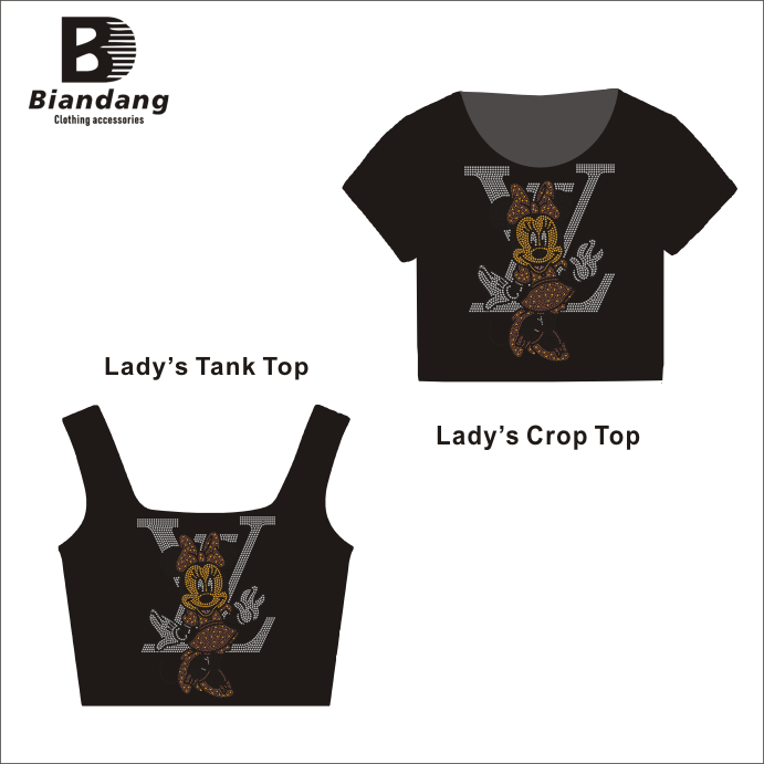 Custom Designer Cartoon Flatback Hot fix Rhinestone Black Color Female T-shirt Top Quality Cotton Soft T shirt