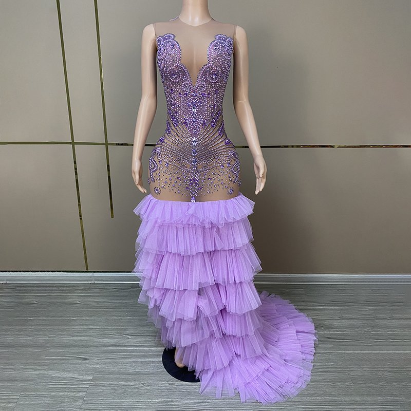 Novance Y3706 Stunning Custom Dresses Women Manufacturer Ruffle Evening Dress For Party Birthday Rhinestone Dress Plus Size