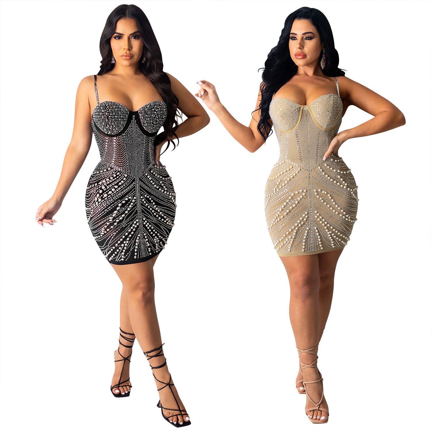 2022 new plus size sexy nightclub dress Rhinestones lady bodycon mini dress women mesh Sleeveless evening dress