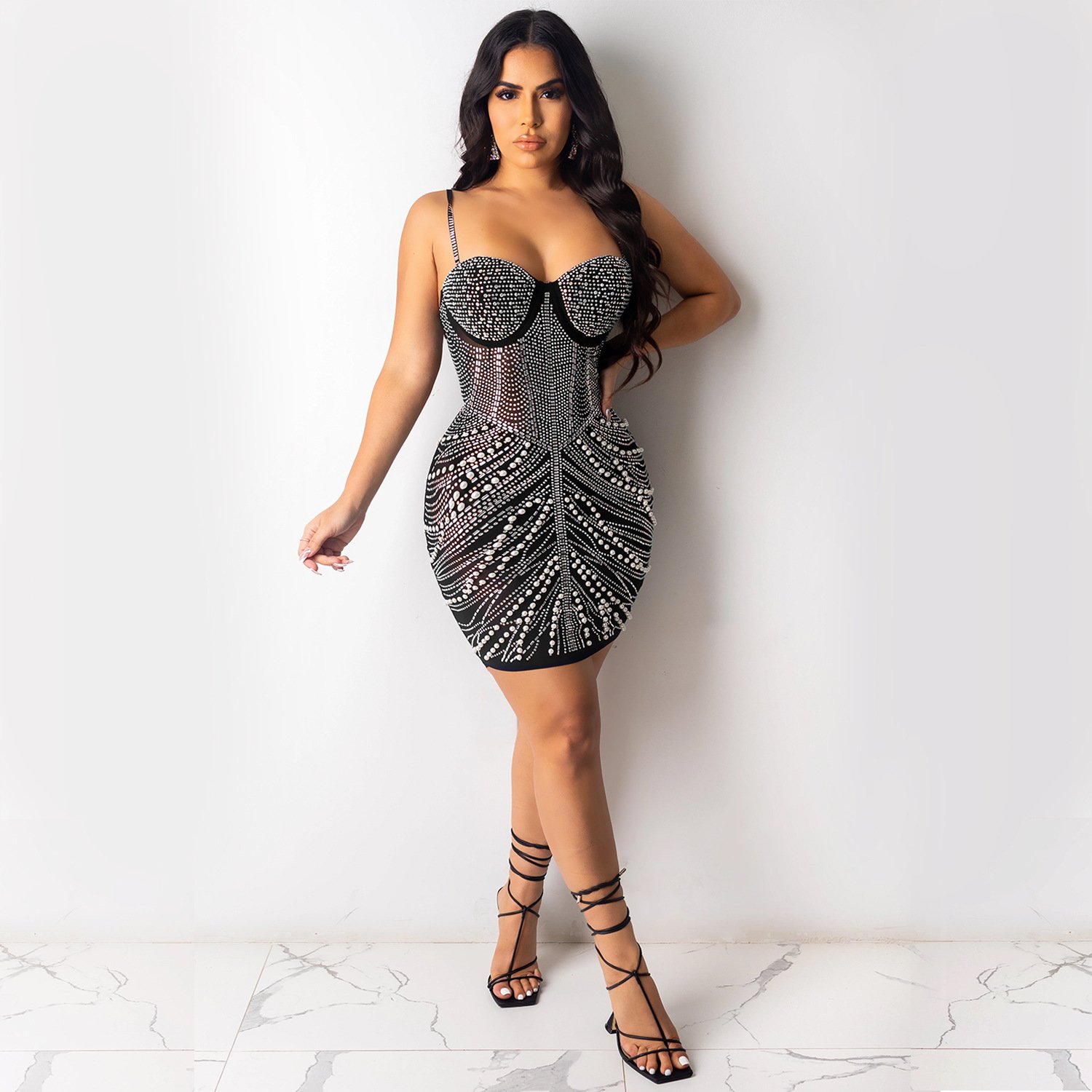 2022 new plus size sexy nightclub dress Rhinestones lady bodycon mini dress women mesh Sleeveless evening dress