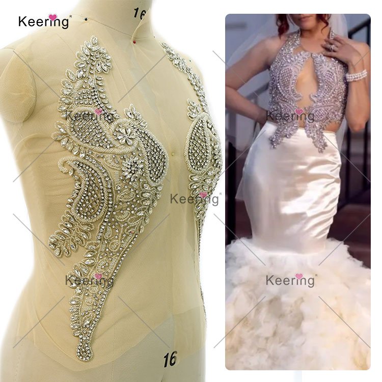 WDP-421 Shiny Rhinestones Sew On Crystal Mesh Bodice Applique For Wedding Dress