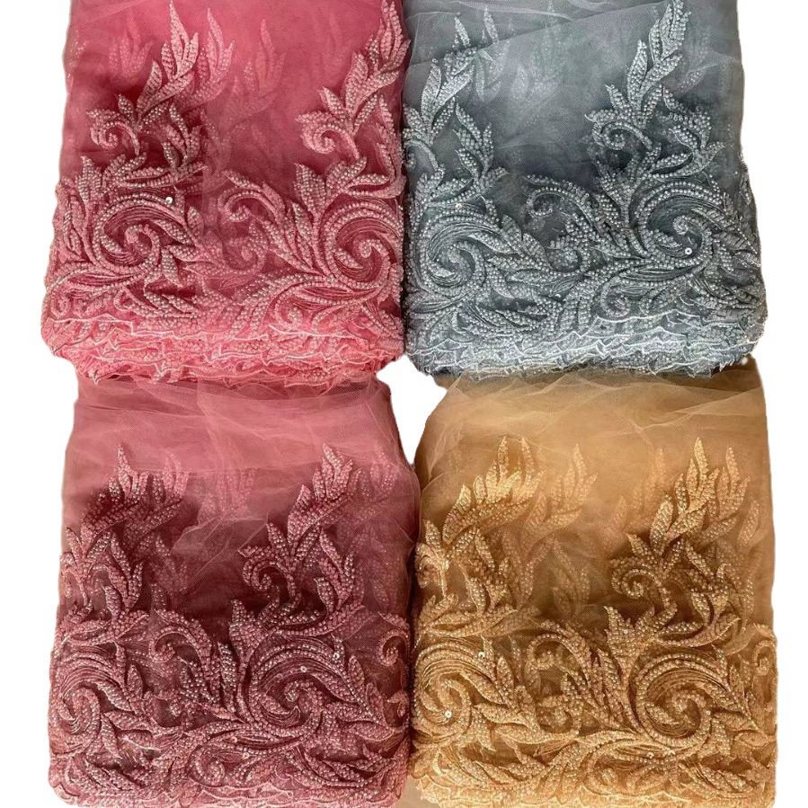 Exquisite Rose Gold Floral rhinestone sequin seed bead lace applique Leaves pattern Beaded Lace Trim for Bridal dress