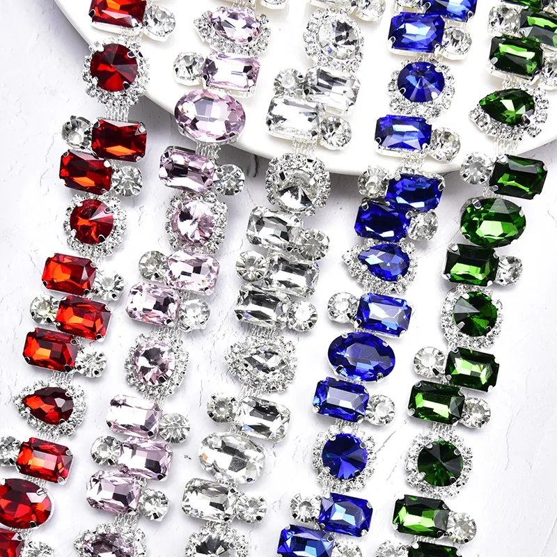 New Design Rhinestone Chain Colorful gold crystal flower rhinestone trim for garment accessories