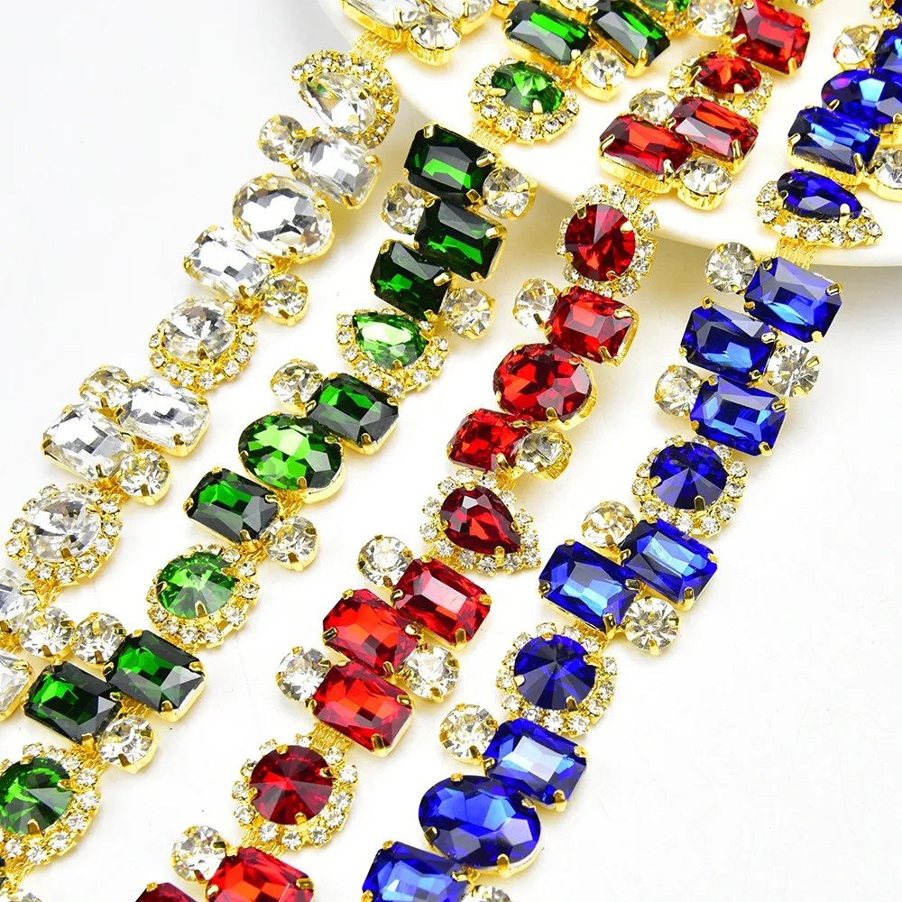 New Design Rhinestone Chain Colorful gold crystal flower rhinestone trim for garment accessories