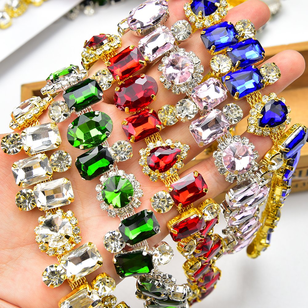 New Design Rhinestone Chain Colorful gold crystal flower rhinestone trim for garment accessories