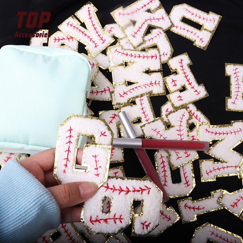 7.5CM Baseball English Letter Iron on Glitter Chenille Fabric PVC Handmade Embroidery Patches Rhinestone Embroidered Sequins