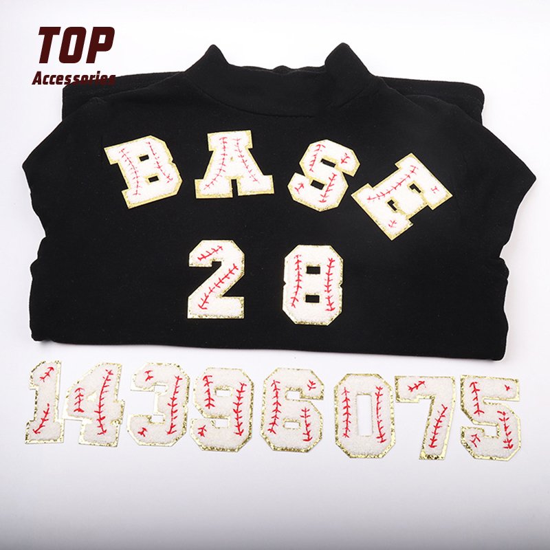7.5CM Baseball English Letter Iron on Glitter Chenille Fabric PVC Handmade Embroidery Patches Rhinestone Embroidered Sequins