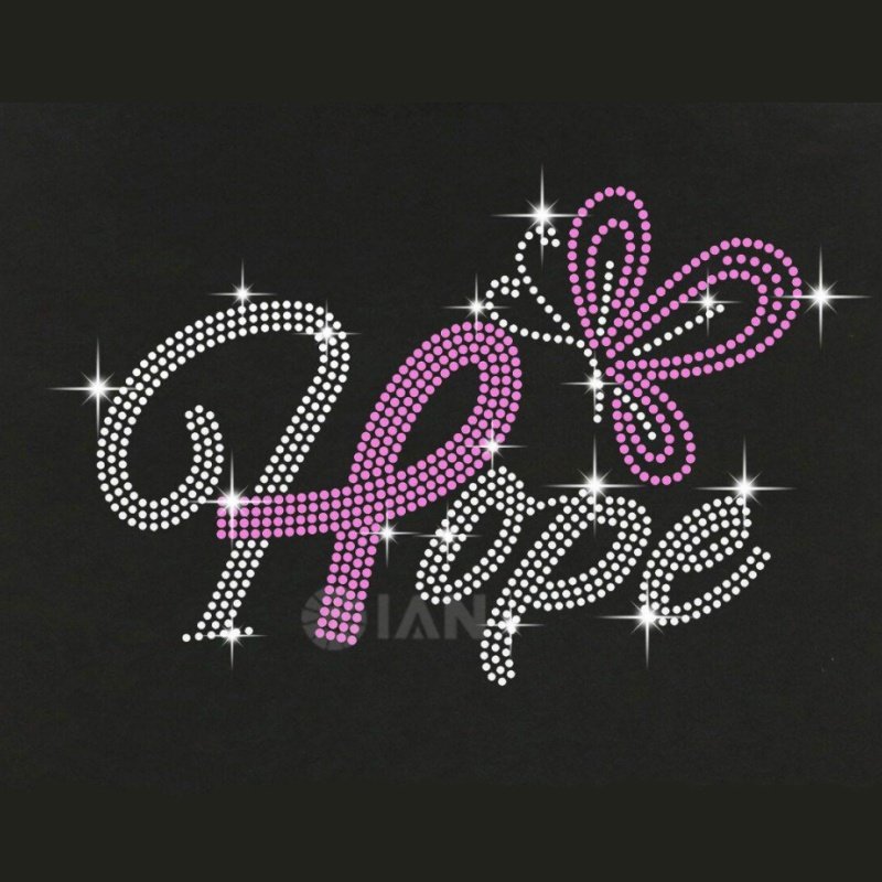 Hope Pink Ribbon Custom Hot Fix Iron On Bling Crystal Butterfly Breast Cancer Logo Rhinestone Transfer Design