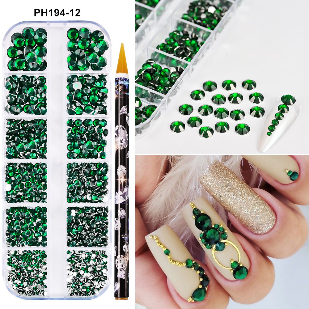 Christmas Red 12 Grids Flat Back Rhinestone Kits With Dotting Pen 3D Glass Gold PInk Nail Art Gemstones For Nail Art Decoration