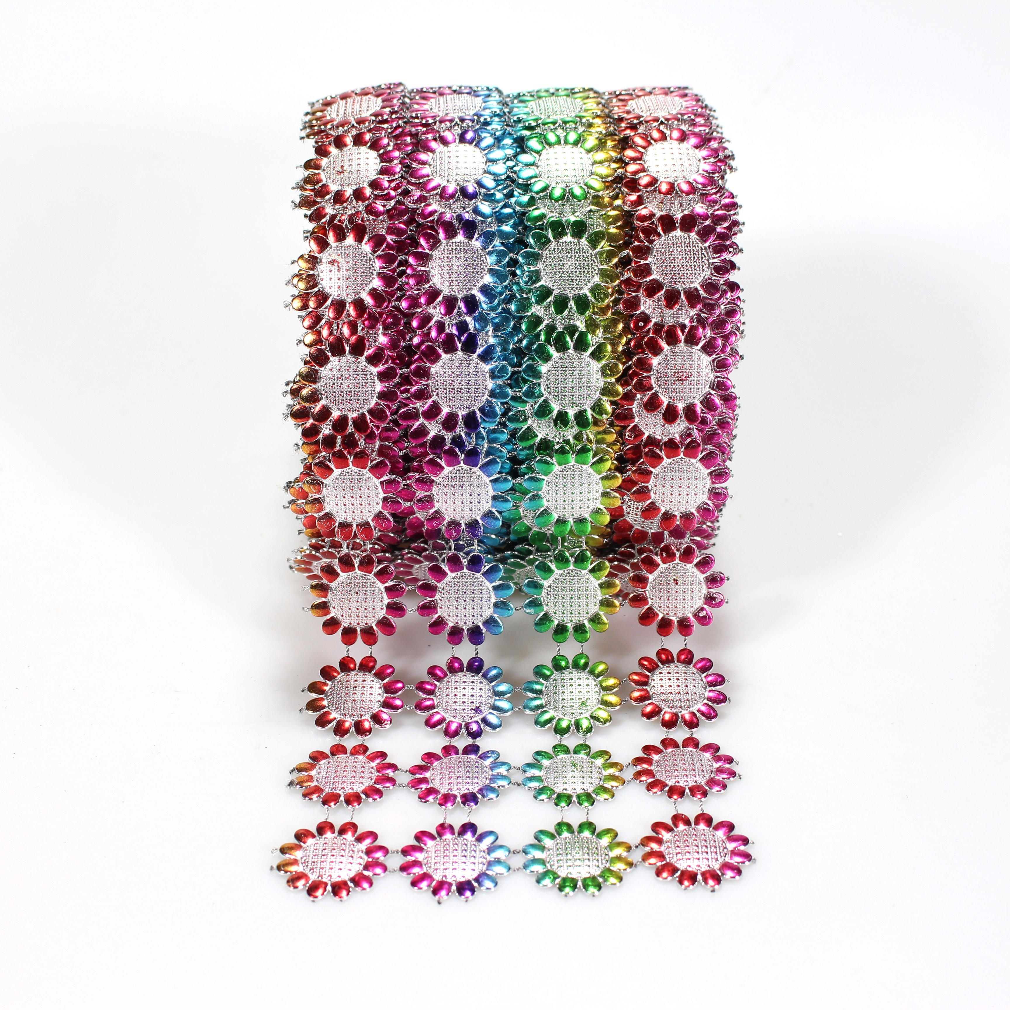 4 rows of Shiny Sunflower Shape Diamond Mesh Wrap Roll Faux Rhinestone Crystal Mesh Ribbon Roll