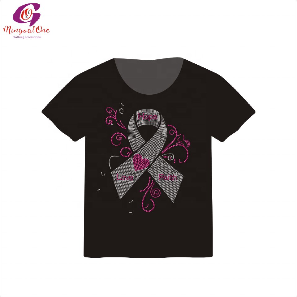 China Factory Custom Ribbon Butterfly Rhinestone Heat Transfer Design Bling Cancer Ribbon Hot Fix Rhinestone Transfer Design
