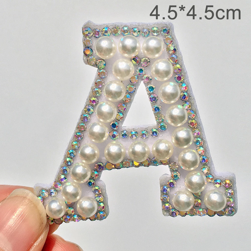 A-Z Pearl Rhinestone English Letter Patches Iron on Sticks Applique 3D Handmade Bead Diy Cute pearl letters embroidery