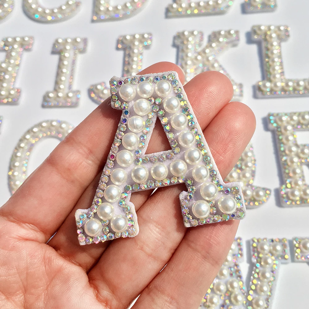 A-Z Pearl Rhinestone English Letter Patches Iron on Sticks Applique 3D Handmade Bead Diy Cute pearl letters embroidery