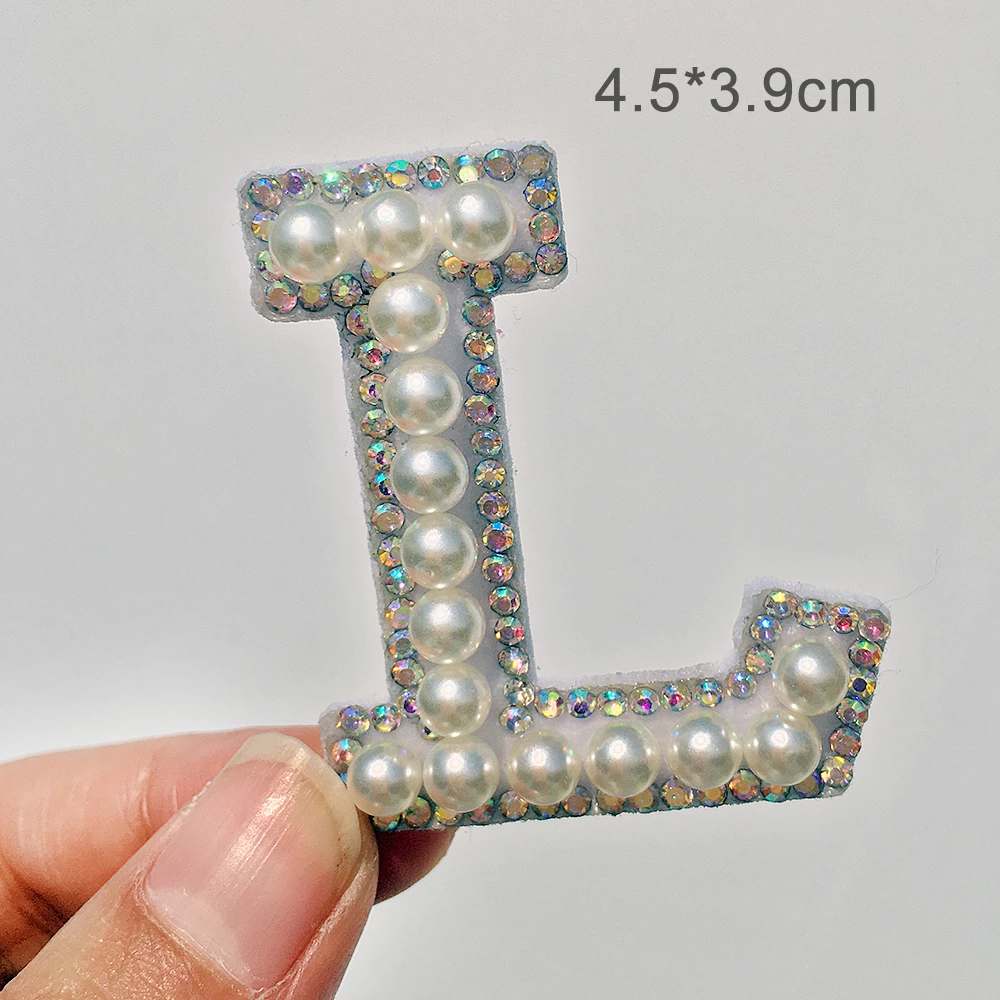 A-Z Pearl Rhinestone English Letter Patches Iron on Sticks Applique 3D Handmade Bead Diy Cute pearl letters embroidery