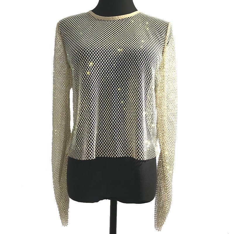 S384 Sexy See Through Mesh Top Bling Bling Crystal Club Wear Slim Pullover Top Glitter Rhinestone Fishnet Crop Top Shirt