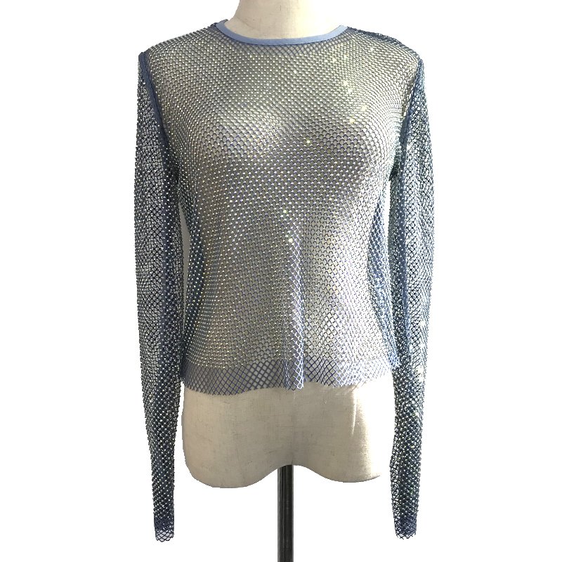 S384 Sexy See Through Mesh Top Bling Bling Crystal Club Wear Slim Pullover Top Glitter Rhinestone Fishnet Crop Top Shirt