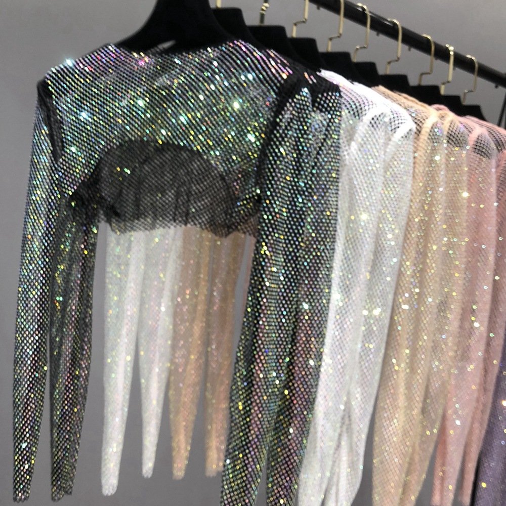 S384 Sexy See Through Mesh Top Bling Bling Crystal Club Wear Slim Pullover Top Glitter Rhinestone Fishnet Crop Top Shirt