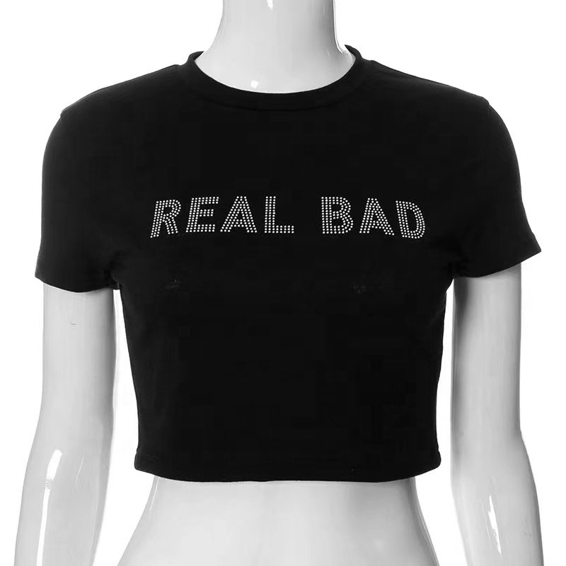 Custom Bling Cropped Tops Tees Shirt Rhinestone Logo O-Neck Hip Hop Style Cotton Fabric Short Length Diamond Decoration Low MOQ