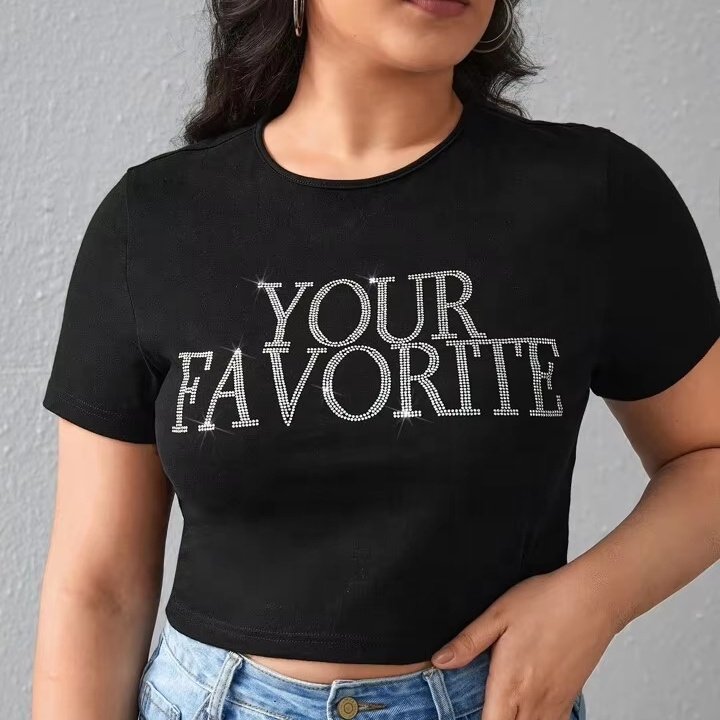 Custom Bling Cropped Tops Tees Shirt Rhinestone Logo O-Neck Hip Hop Style Cotton Fabric Short Length Diamond Decoration Low MOQ