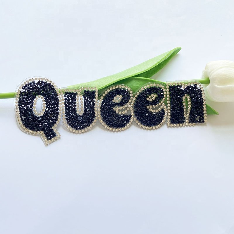 Wholesale Fashion DIY Clothing Accessory Iron On Hot Melt Black Glitter Crystal Rhinestone Diamond Queen Letter Applique Patch