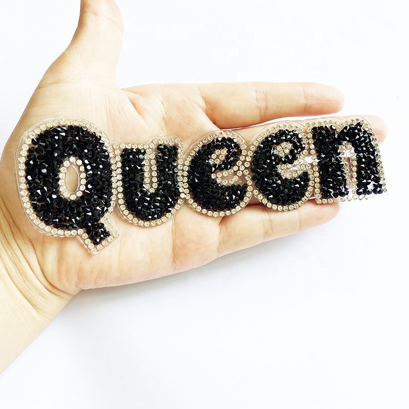 Wholesale Fashion DIY Clothing Accessory Iron On Hot Melt Black Glitter Crystal Rhinestone Diamond Queen Letter Applique Patch