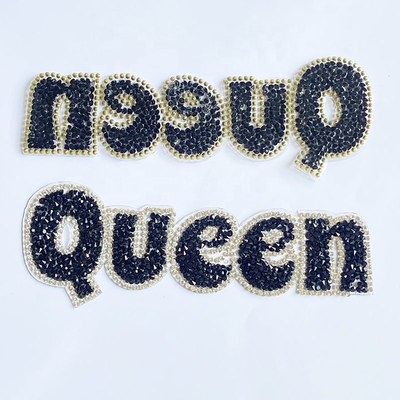 Wholesale Fashion DIY Clothing Accessory Iron On Hot Melt Black Glitter Crystal Rhinestone Diamond Queen Letter Applique Patch