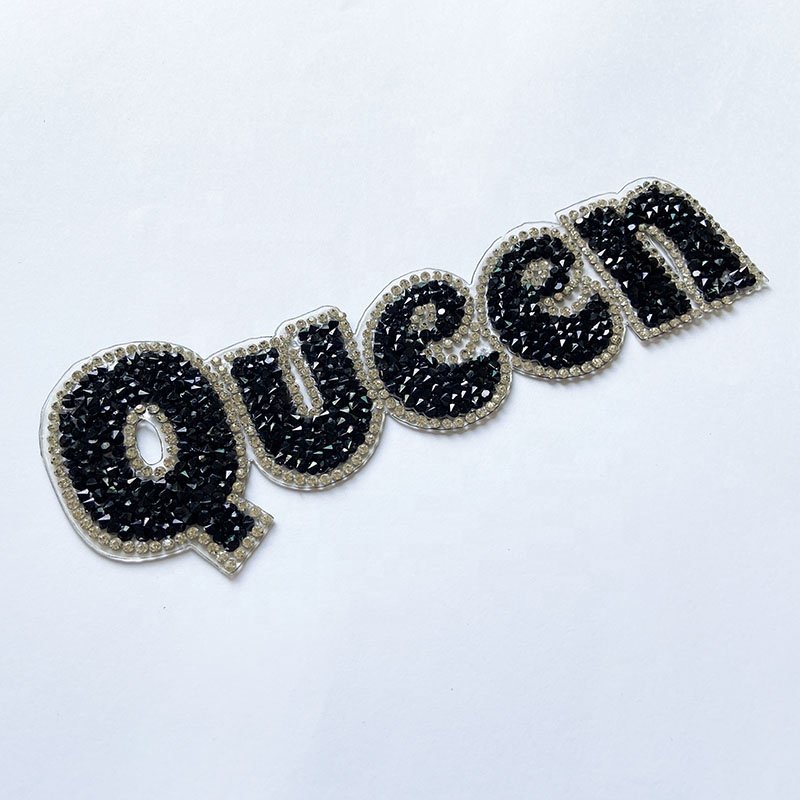 Wholesale Fashion DIY Clothing Accessory Iron On Hot Melt Black Glitter Crystal Rhinestone Diamond Queen Letter Applique Patch