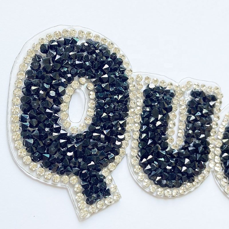 Wholesale Fashion DIY Clothing Accessory Iron On Hot Melt Black Glitter Crystal Rhinestone Diamond Queen Letter Applique Patch