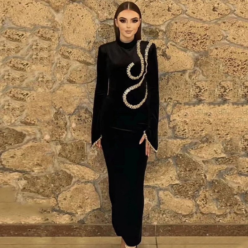 Fashion Bandage Black Mock Neck Sparkle Long Sleeve Rhinestone Elegant Long Party Dresses for Women