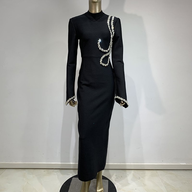 Fashion Bandage Black Mock Neck Sparkle Long Sleeve Rhinestone Elegant Long Party Dresses for Women