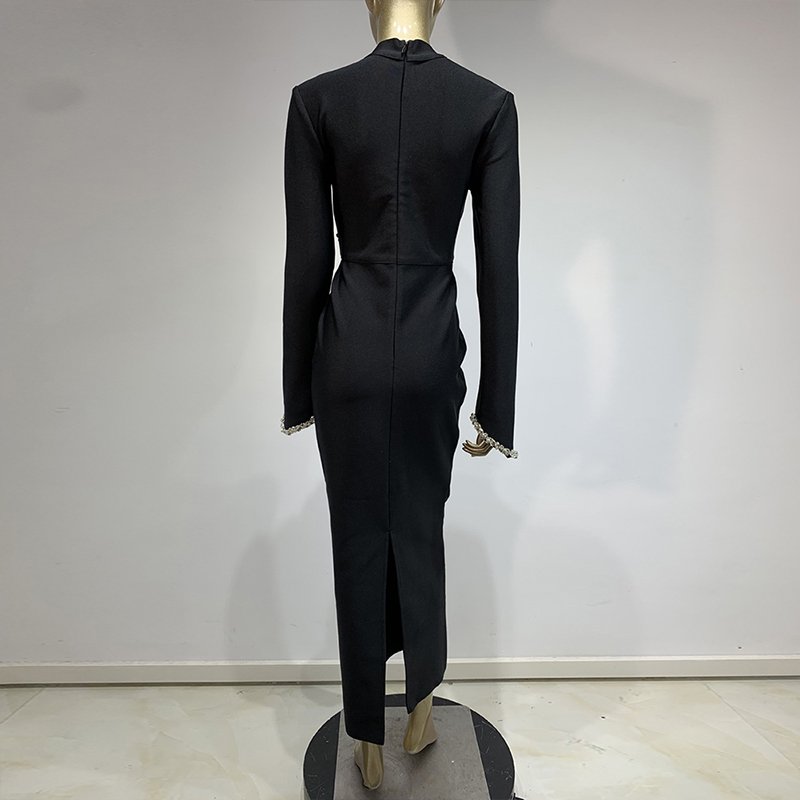 Fashion Bandage Black Mock Neck Sparkle Long Sleeve Rhinestone Elegant Long Party Dresses for Women