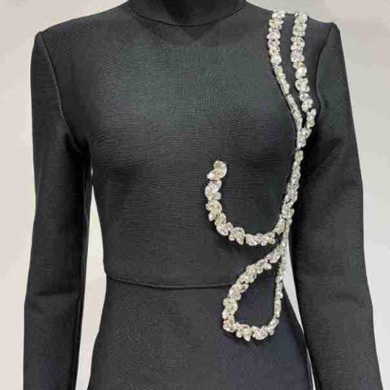 Fashion Bandage Black Mock Neck Sparkle Long Sleeve Rhinestone Elegant Long Party Dresses for Women