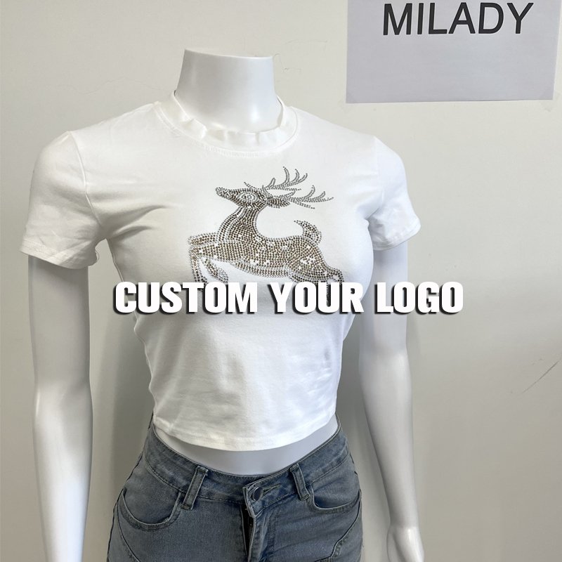 Wholesale Summer High Quality Slim Fit Cotton T Shirt Rhinestone Logo Custom Women'S T-Shirt Plain T Shirts Women Crop Top Shirt