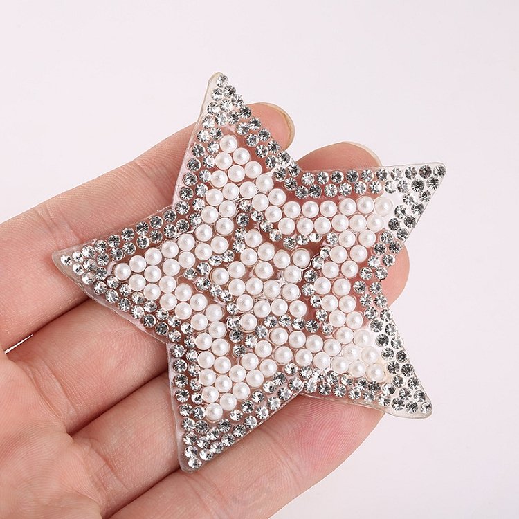 Wholesale 3 inch cheap bling strass hot fix transfer patch iron on silver black crystal rhinestones beaded patches star for hats
