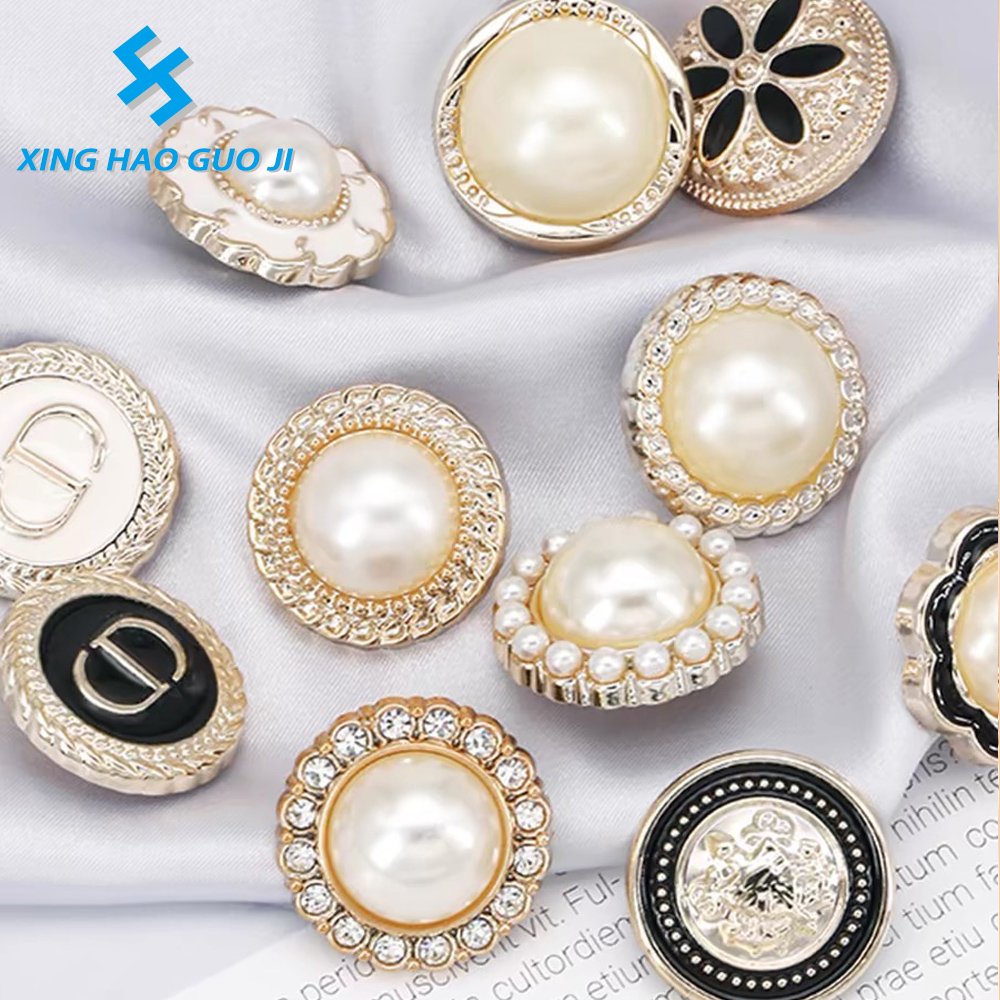 High-end quality galvanized alloy Pearl Rhinestone decorative round button for coat