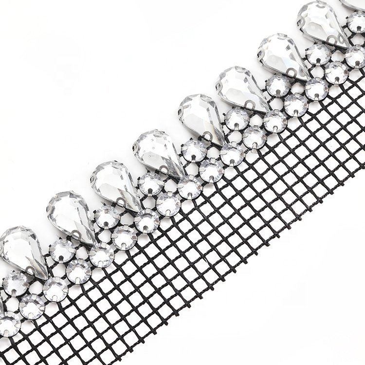 Manufacturers wholesale single side double row 8*13 water drop resin glass fashion accessories rhinestone mesh decoration