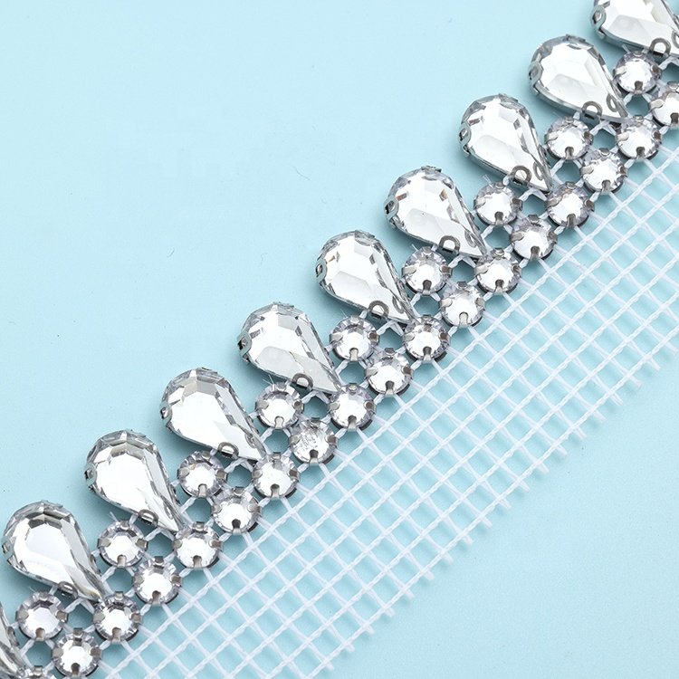 Manufacturers wholesale single side double row 8*13 water drop resin glass fashion accessories rhinestone mesh decoration