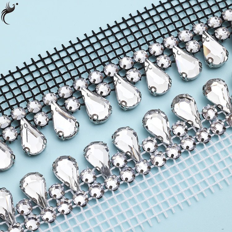Manufacturers wholesale single side double row 8*13 water drop resin glass fashion accessories rhinestone mesh decoration