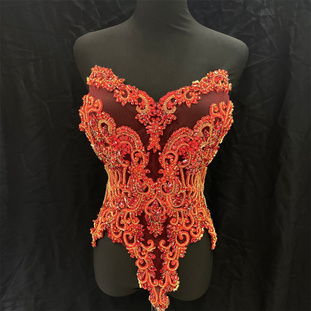 PE003 Sparkling handmade glass crystal embroidery patches rhinestone bodice appliques for dress