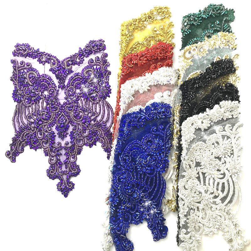 PE003 Sparkling handmade glass crystal embroidery patches rhinestone bodice appliques for dress