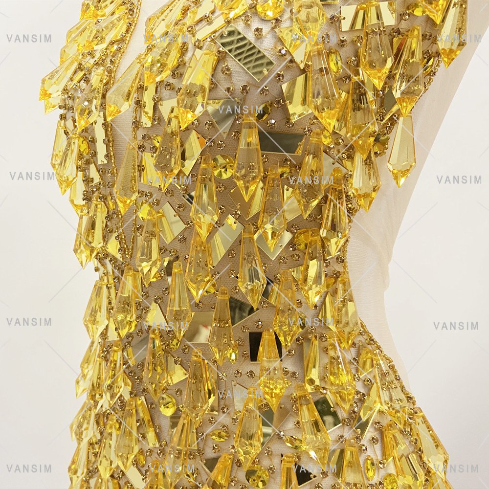 mirror acrylic with drop stone Gold Bodice Applique Handmade Rhinestone Applique Bridal With Icicle For Evening Dresses