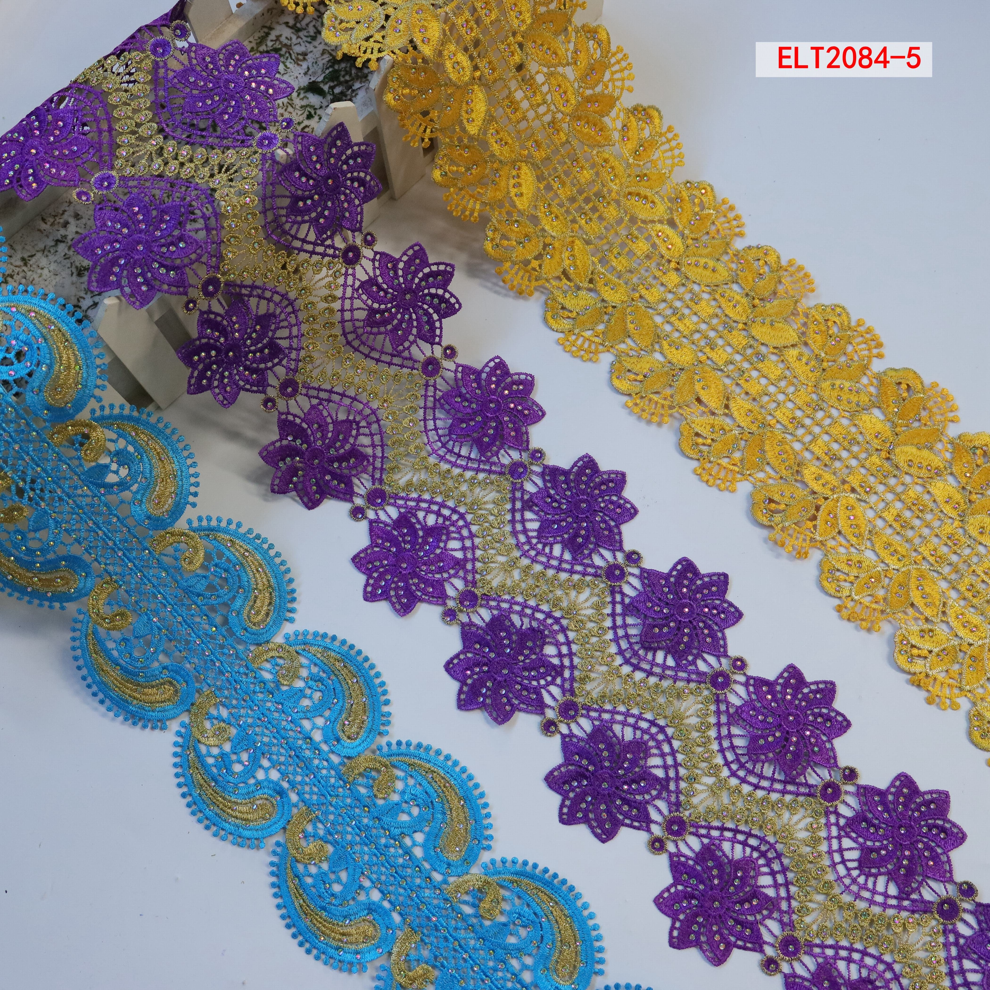Ribete de encaje polyester material shiny rhinestone border embroidery lace trim