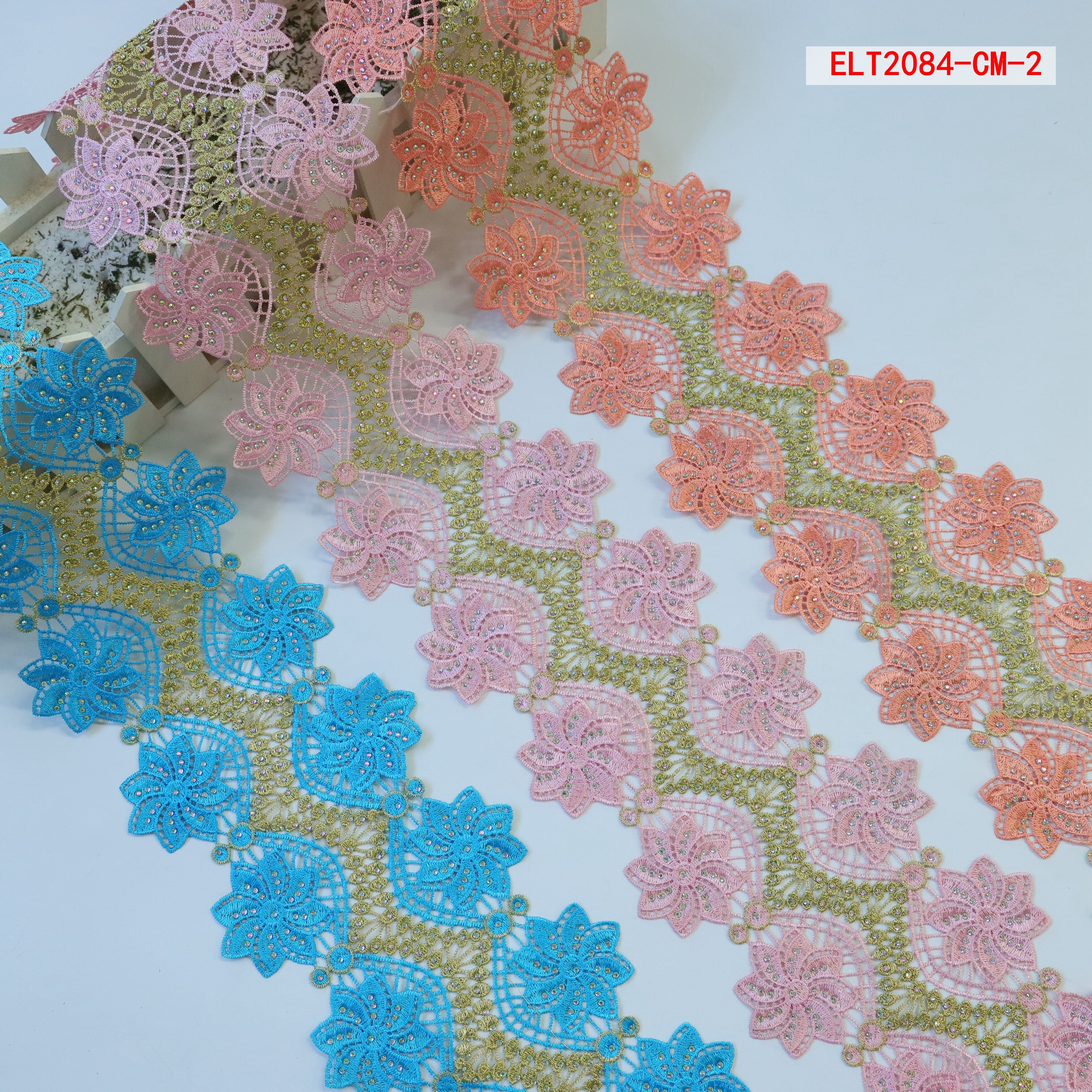 Ribete de encaje polyester material shiny rhinestone border embroidery lace trim